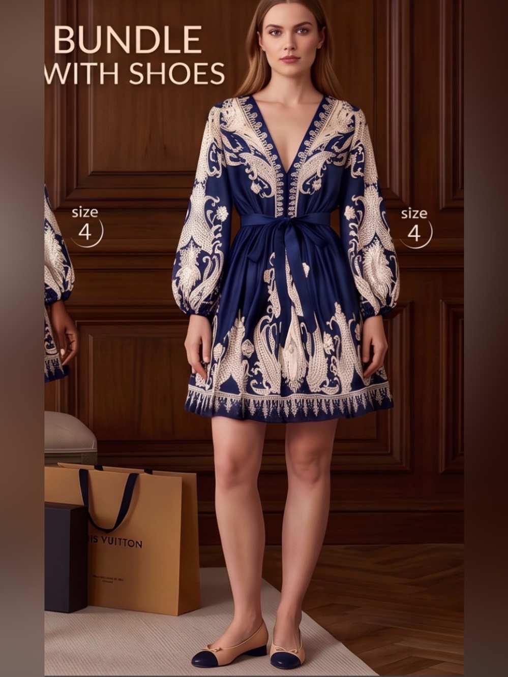 Bohemian Navy Paisley Wrap Dress with Tie Waist